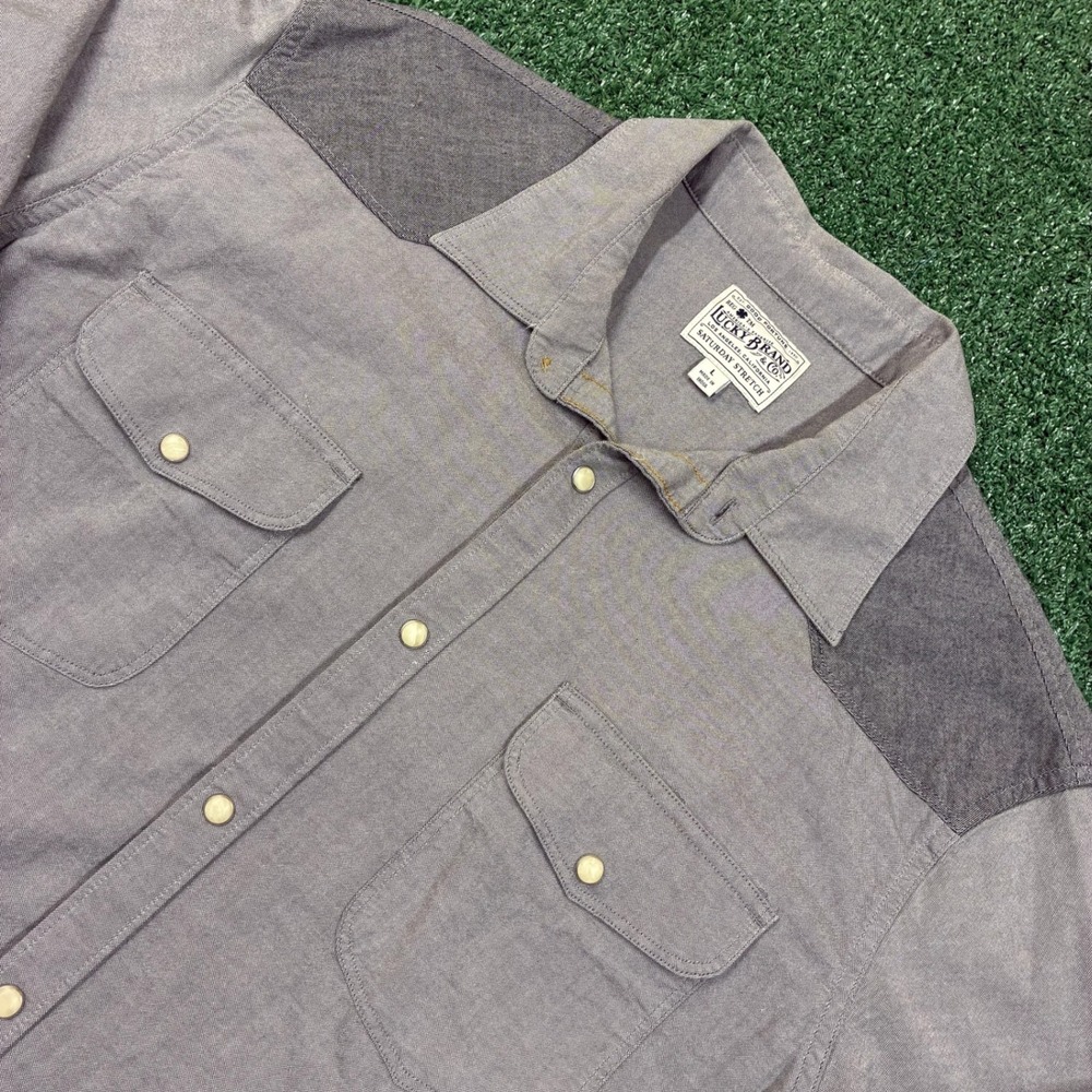Vintage Lucky Brand Pearl Snap Western Shirt Grey Saturday Stretch Mens Large - Picture 3 of 6